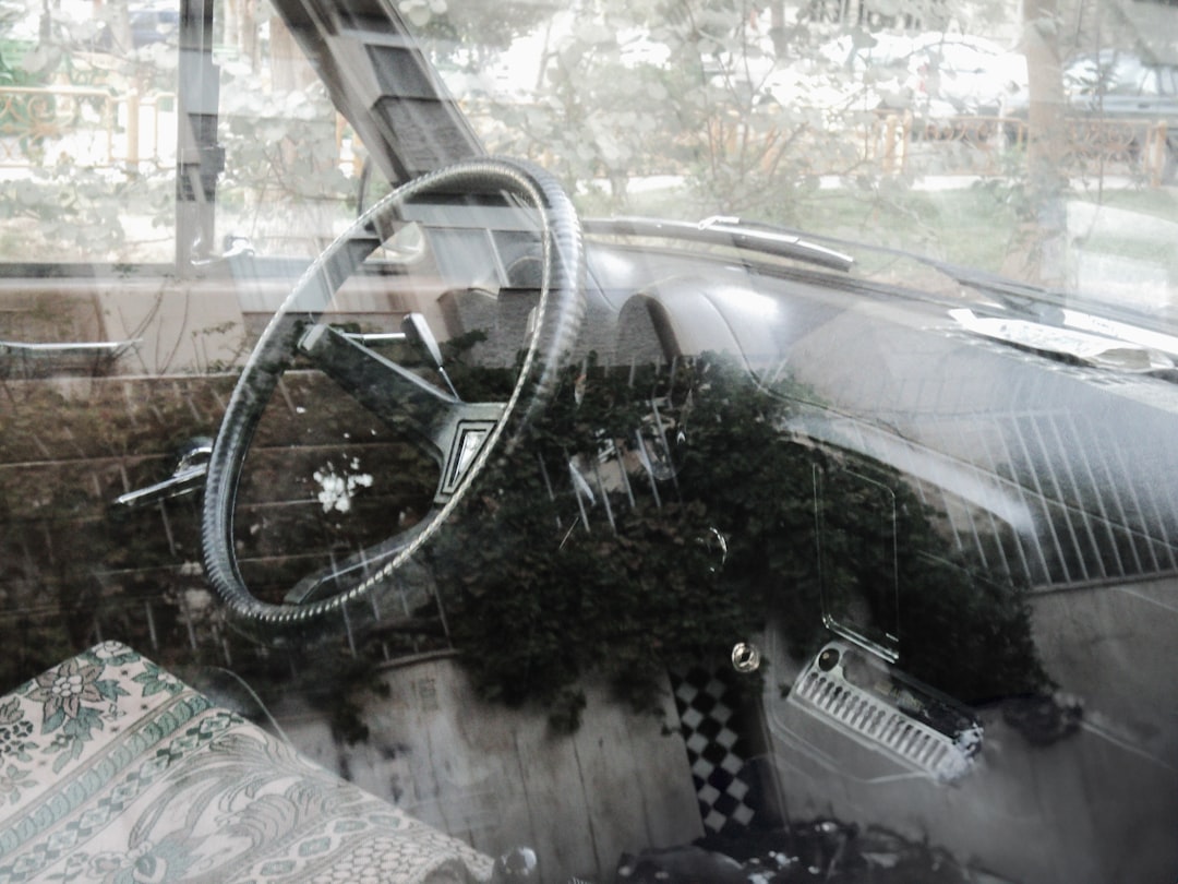 Overgrown plants inside a vintage car dashboard