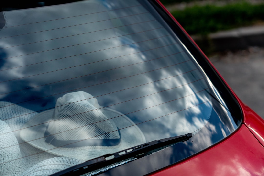 red car with white and blue net